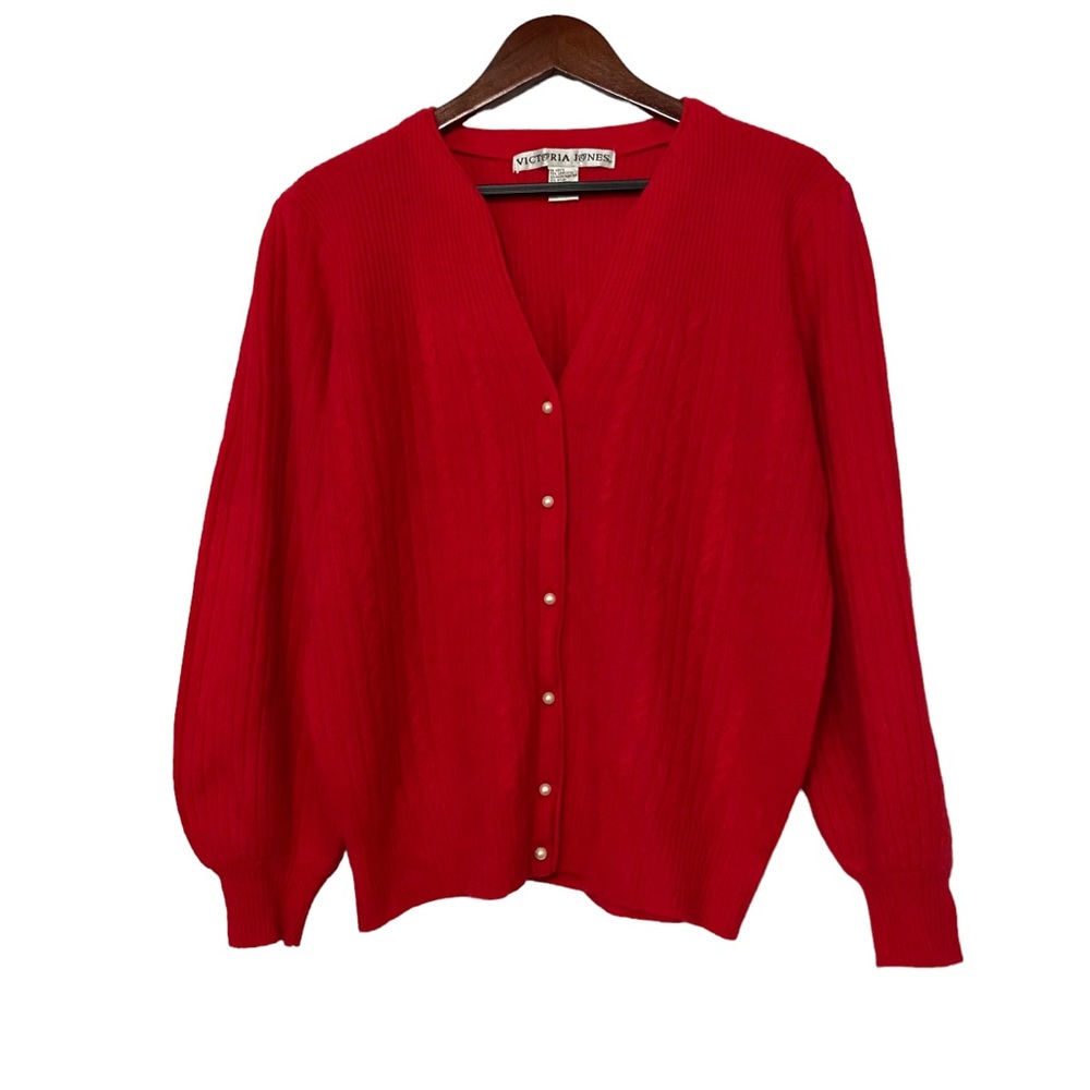 Lambswool Angora Victoria Jones Vintage Cardigan Puffy Shoulder Sweater Red